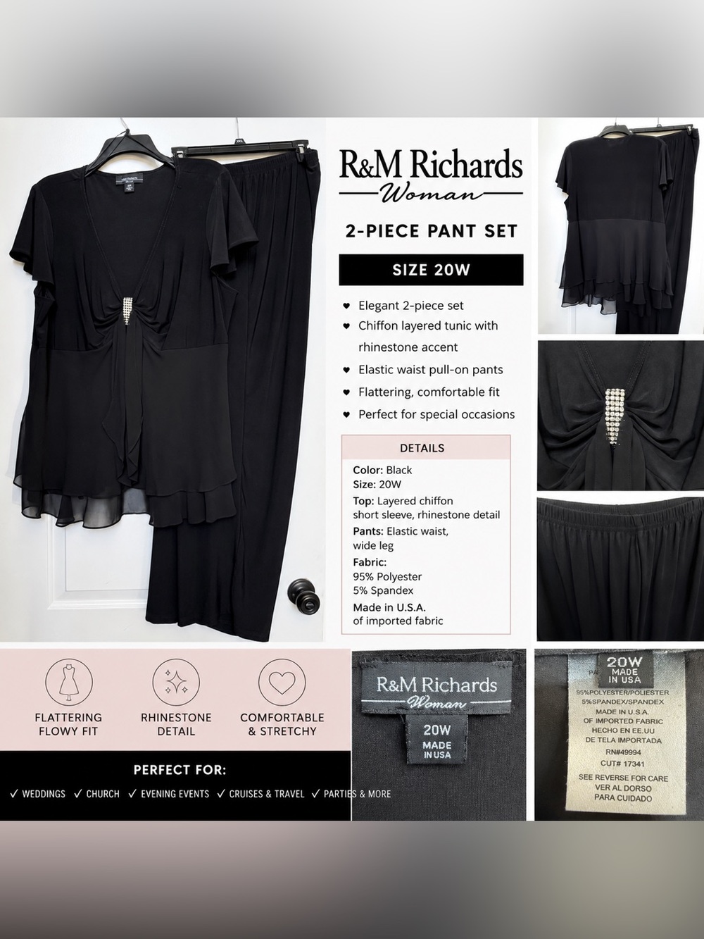 R&M Richards Woman Black 2-Piece Wide-Leg Pant Set with Chiffon Tunic